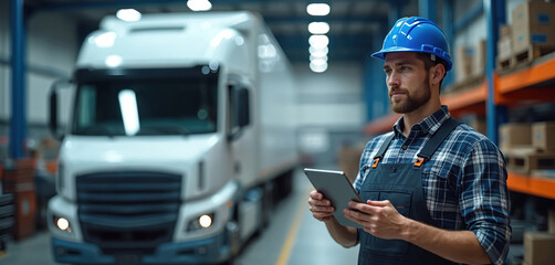 Male mechanic in blue hard hat, overalls holds tablet in warehouse with large white truck. Man in plaid shirt works in industrial garage with shelves, boxes. Truck repair shop worker uses digital