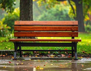 Wooden Bench in a Park on a Rainy Day, Relaxing and Peaceful Scene