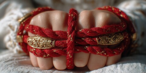 Intricate red and gold cord binds delicate hands, evoking themes of restraint, sacrifice, and ceremonial beauty.
