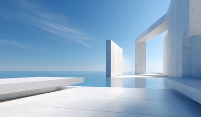 Obraz premium A modern architectural scene by the sea, featuring clean concrete structures, clear blue sky, and serene ocean view.