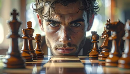 Man intensely focuses on a chessboard, strategic game in progress