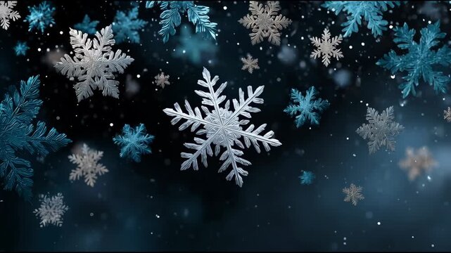Magical winter background with falling blue and white snowflake elements for festive Christmas holiday. Serene, abstract scene featuring sparkling decorative ice crystal patterns and soft focus snow