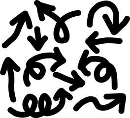 Abstract doodle of black hand-drawn arrows in various directions on a white background, creating a playful, dynamic, and creative design for art, icons, or decoration.
