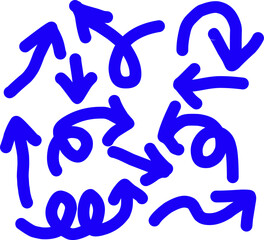 Abstract doodle of blue hand-drawn arrows in various directions on a white background, creating a playful, dynamic, and creative design for art, icons, or decoration.
