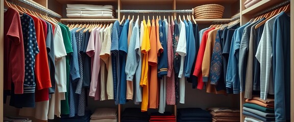A full-length view of a neatly organized wardrobe with various clothing items hanging and folded, room, garments
