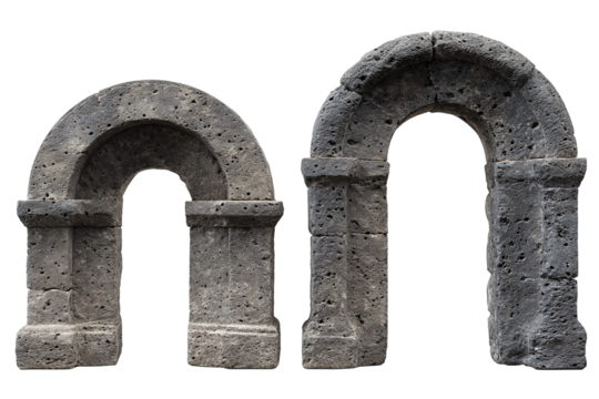 Three basalt gray stone archways in round, pointed, and horseshoe shapes isolated on transparent background.

