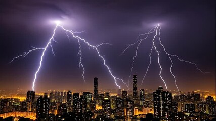 Dynamic thunderstorm with multiple lightning strikes illuminating a modern city skyline at night, showcasing powerful natural phenomena footage. - Powered by Adobe