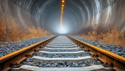 Foggy rail tunnel, converging perspective, lit by warm lights