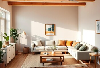 Fototapeta premium Cozy living room with natural color palette, comfortable sofa, simple decor, and potted plant, cream, peaceful