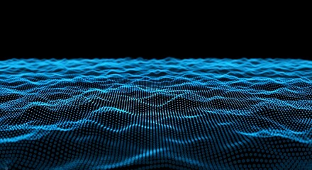 Ultra highresolution, professional studio photography of abstract blue digital wave pattern formed by glowing particles, representing data flow and scientific visualization