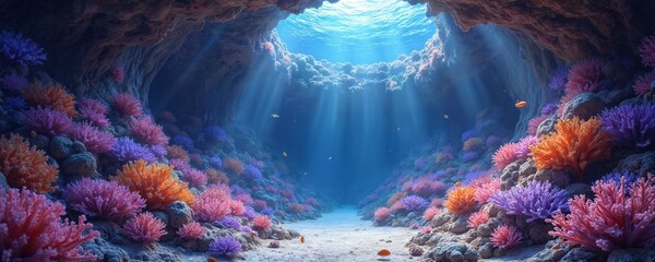Sunlight streams into a vibrant underwater cave illuminating colorful coral formations and small fish. This marine scene showcases a diverse aquatic ecosystem teeming with life and natural beauty.