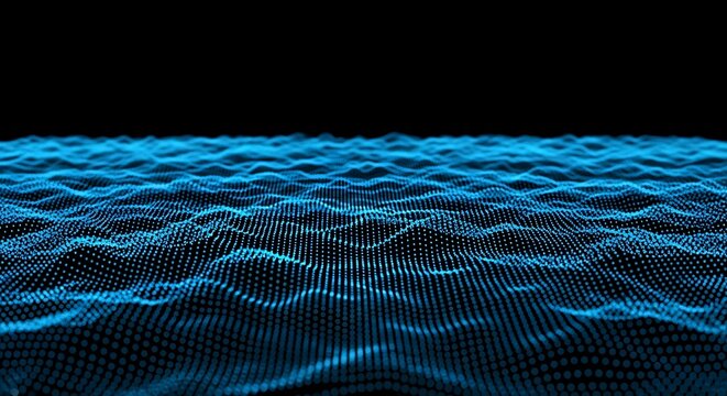 Ultra highresolution, professional studio photography of abstract blue digital wave pattern formed by glowing particles, representing data flow and scientific visualization - Powered by Adobe