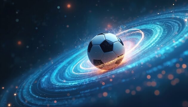 Soccer ball in galaxy nebula with light trails. Abstract space football sport concept. Digital art of soccer orb glowing with energy and stars. Game future.