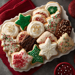 Festive cookie platter assortment overhead view