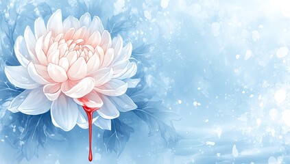 White flower with blood dripping, soft blue watercolor background