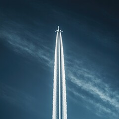 Airplane leaving contrails against deep blue sky