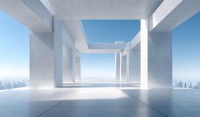 Obraz premium A modern concrete structure with an open space featuring clear sky view, showcasing minimalist architecture and clean geometric forms.