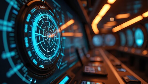 Modern spaceship cockpit interior. Futuristic radar screen displays digital data. Technology system of spacecraft with neon lights. Navigation interface shows modern sci-fi equipment, control panel.