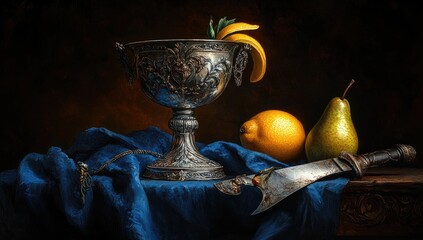 Ornate silver chalice, fruit, cloth, and blade still life