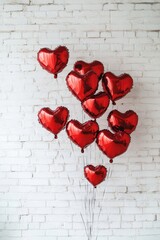 Bunch of red heart-shaped balloons against white brick