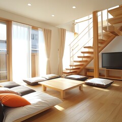 Bright, minimalist living room with cushions and wooden stairs