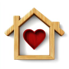 Wooden house outline with red heart shape inside