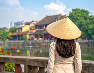 Woman in traditional Vietnamese hat looking at buildings near the water