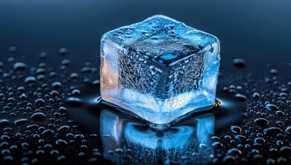 Melting ice cube on a wet surface, condensation visible