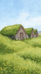 Obraz premium Charming Rustic Architecture Nestled in Lush Greenery: A Scenic View of Traditional Houses Perfectly Blending with Nature in a Picturesque Meadow Setting