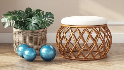 Interior Plant, ottoman, spheres. Warm neutral light