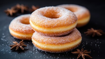 Sugared donuts stacked, with spices on a dark surface