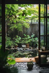 Tranquil Japanese garden scene through an open doorway