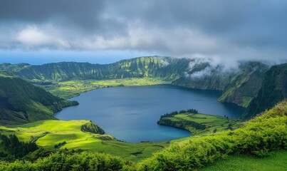 Serene lake landscape, surrounded by lush green hills