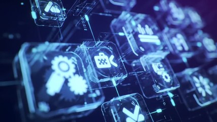 Abstract network of illuminated cubes with icons representing data - Powered by Adobe