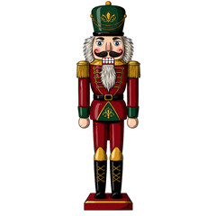 Classic Red Nutcracker Soldier with Black Hat Gold Details Blue Pants and Mustache Festive Christmas Holiday Toy Vector Illustration Isolated on Transparent Background