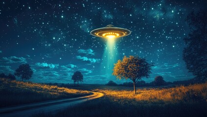 UFO over field emits beam into serene, starry night