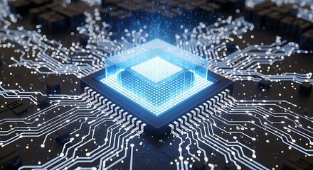Ultra highresolution, professional studio photography of closeup of a glowing blue computer processor chip on a circuit board, symbolizing advanced technology and artificial intelligence