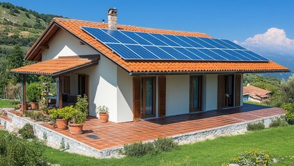 Solar panels atop a charming house in a lush, green setting