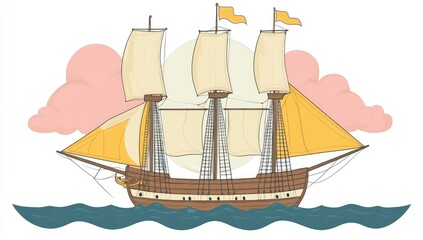 Cartoon galleon sails on the ocean with sails and masts
