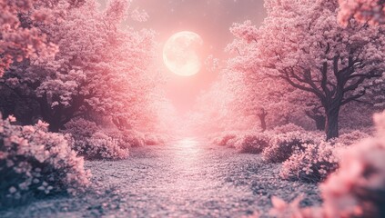 Pink blossoms line a path to a glowing full moon