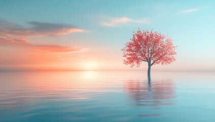 Lone red tree mirrored in calm, ethereal water at sunrise