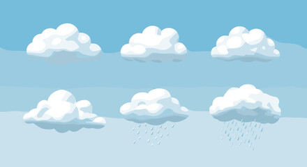 Obraz premium A collection of fluffy white clouds in a clear blue sky including some with rain falling.