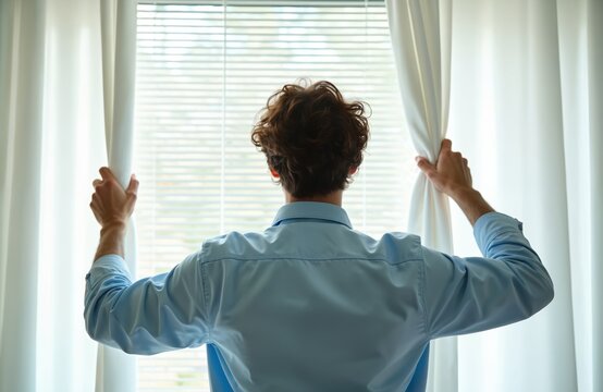 Young man opens white curtains and looks out from office. Businessman stands with back to camera and views through window. He wears blue shirt and has brown hair.