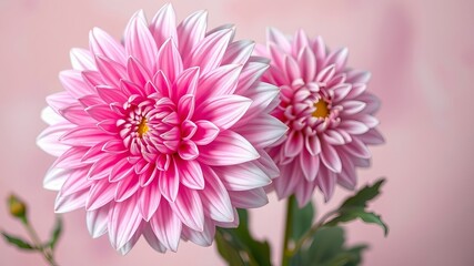 Fototapeta premium Two exquisite pink dahlia flowers with delicate white-tipped petals are captured in a soft focus against a gentle, matching pink background displaying nature's beauty.