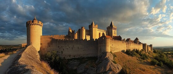 A medieval stone castle on a sunlit, grassy hill