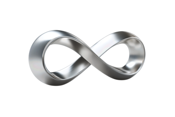 Infinity loop in satin titanium with rounded cross-section and soft reflections isolated on transparent background.
