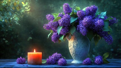 Lilacs in vase with candle on weathered wood surface