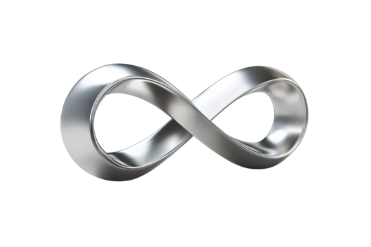 Infinity loop in satin titanium with rounded cross-section and soft reflections isolated on transparent background.
