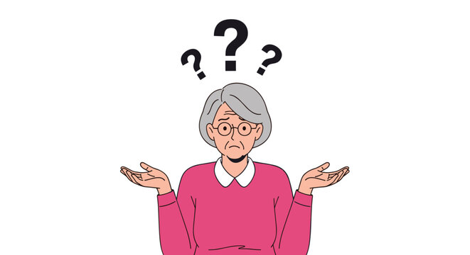 An elderly woman with gray hair wearing glasses and a pink sweater shrugs her shoulders with question marks above her head.