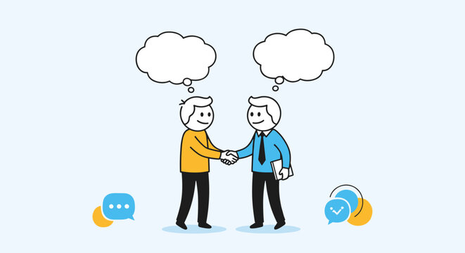 Two cartoon people shaking hands with thought bubbles above their heads.